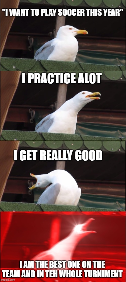 Inhaling Seagull | "I WANT TO PLAY SOOCER THIS YEAR"; I PRACTICE ALOT; I GET REALLY GOOD; I AM THE BEST ONE ON THE TEAM AND IN TEH WHOLE TURNIMENT | image tagged in memes,inhaling seagull | made w/ Imgflip meme maker