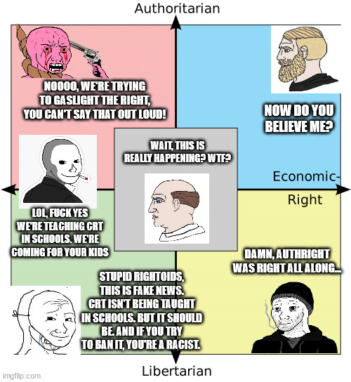 Political Compass with Centrism | NOOOO, WE'RE TRYING TO GASLIGHT THE RIGHT, YOU CAN'T SAY THAT OUT LOUD! NOW DO YOU BELIEVE ME? WAIT, THIS IS REALLY HAPPENING? WTF? LOL, FUCK YES WE'RE TEACHING CRT IN SCHOOLS. WE'RE COMING FOR YOUR KIDS; DAMN, AUTHRIGHT WAS RIGHT ALL ALONG... STUPID RIGHTOIDS, THIS IS FAKE NEWS. CRT ISN'T BEING TAUGHT IN SCHOOLS. BUT IT SHOULD BE. AND IF YOU TRY TO BAN IT, YOU'RE A RACIST. | image tagged in political compass with centrism | made w/ Imgflip meme maker