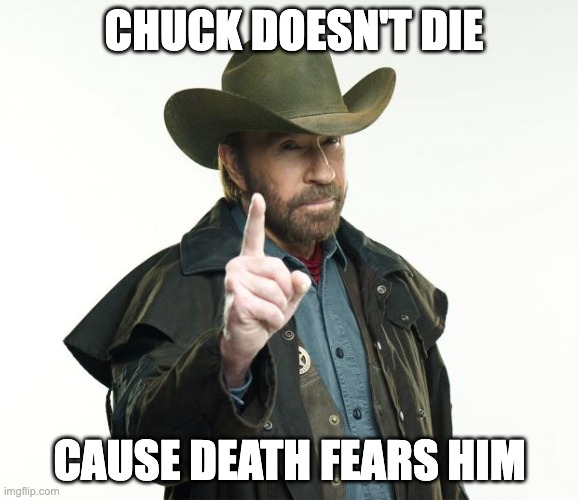 immortal chuck norris | CHUCK DOESN'T DIE; CAUSE DEATH FEARS HIM | image tagged in memes,chuck norris finger,chuck norris | made w/ Imgflip meme maker