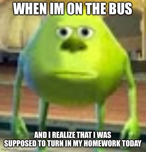 Bruh |  WHEN IM ON THE BUS; AND I REALIZE THAT I WAS SUPPOSED TO TURN IN MY HOMEWORK TODAY | image tagged in sully wazowski,memes,mike wazowski | made w/ Imgflip meme maker