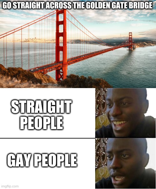 GO STRAIGHT ACROSS THE GOLDEN GATE BRIDGE STRAIGHT PEOPLE GAY PEOPLE | image tagged in disappointed black guy | made w/ Imgflip meme maker