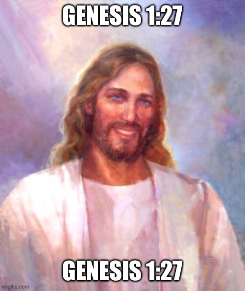 Read it to understand why men and women should be different but equal | GENESIS 1:27; GENESIS 1:27 | image tagged in memes,smiling jesus | made w/ Imgflip meme maker