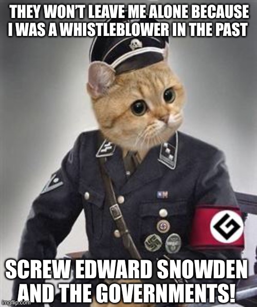 No private act | THEY WON’T LEAVE ME ALONE BECAUSE I WAS A WHISTLEBLOWER IN THE PAST; SCREW EDWARD SNOWDEN AND THE GOVERNMENTS! | image tagged in grammar nazi cat,whistleblower,edward snowden,us government,screw | made w/ Imgflip meme maker