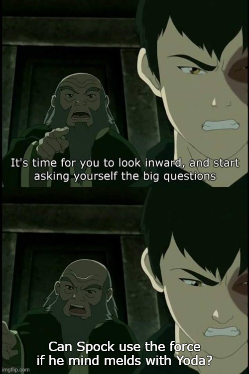 Iroh digs Spock | Can Spock use the force if he mind melds with Yoda? | image tagged in iroh big questions | made w/ Imgflip meme maker