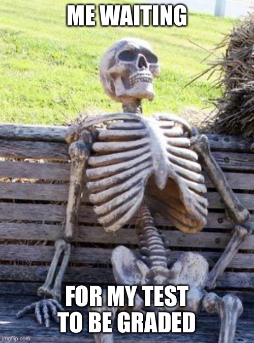 Waiting Skeleton | ME WAITING; FOR MY TEST TO BE GRADED | image tagged in memes,waiting skeleton | made w/ Imgflip meme maker