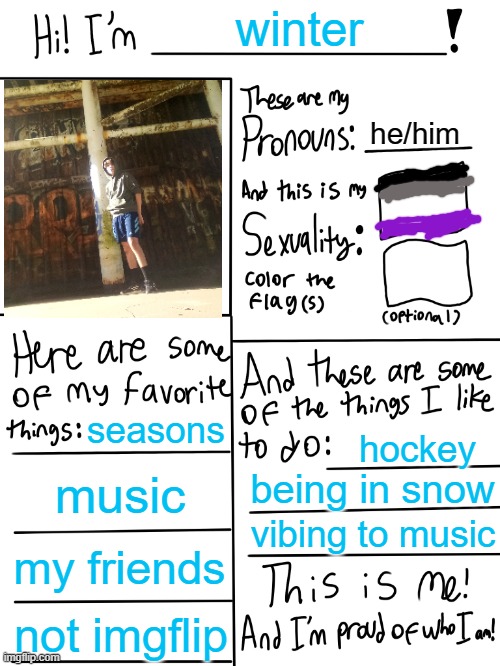 hi i'm winter and lets just say i used to have an account on here | winter; he/him; seasons; hockey; music; being in snow; vibing to music; my friends; not imgflip | image tagged in lgbtq stream account profile | made w/ Imgflip meme maker