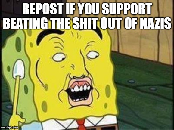 There is no other option. | REPOST IF YOU SUPPORT BEATING THE SHIT OUT OF NAZIS | image tagged in sponge bob bruh | made w/ Imgflip meme maker