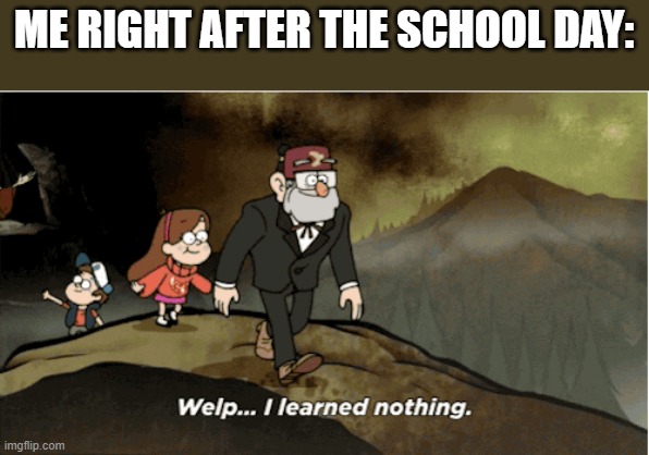Welp I learned nothing | ME RIGHT AFTER THE SCHOOL DAY: | image tagged in welp i learned nothing | made w/ Imgflip meme maker