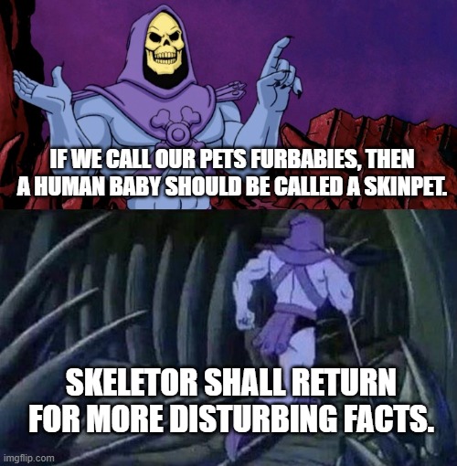 he man skeleton advices | IF WE CALL OUR PETS FURBABIES, THEN A HUMAN BABY SHOULD BE CALLED A SKINPET. SKELETOR SHALL RETURN FOR MORE DISTURBING FACTS. | image tagged in he man skeleton advices | made w/ Imgflip meme maker