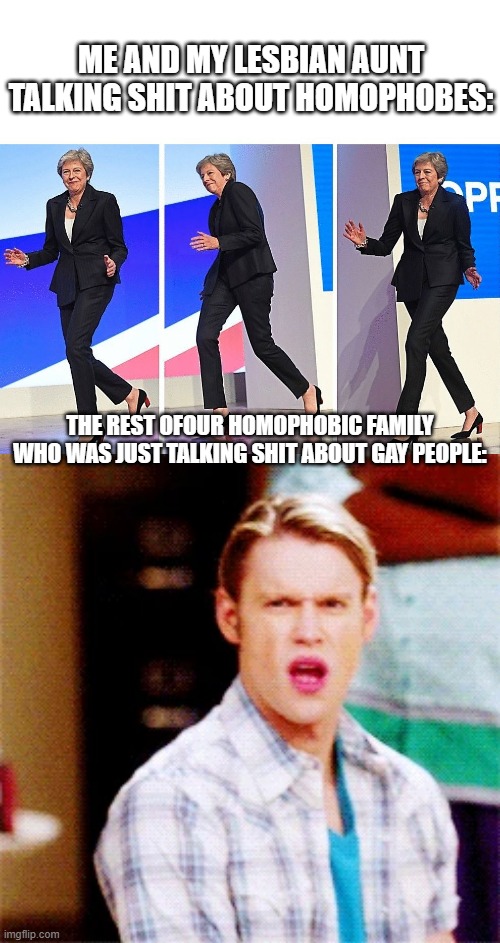 true story: | ME AND MY LESBIAN AUNT TALKING SHIT ABOUT HOMOPHOBES:; THE REST OFOUR HOMOPHOBIC FAMILY WHO WAS JUST TALKING SHIT ABOUT GAY PEOPLE: | image tagged in theresa may walking,offended,u mad bro,gay,thanksgiving | made w/ Imgflip meme maker