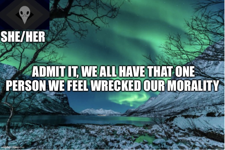 Northern Lights Termcollector Template | ADMIT IT, WE ALL HAVE THAT ONE PERSON WE FEEL WRECKED OUR MORALITY | image tagged in northern lights termcollector template | made w/ Imgflip meme maker