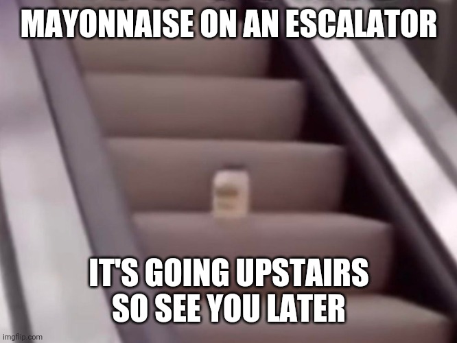 Mayonnaise On An Escalator | MAYONNAISE ON AN ESCALATOR IT'S GOING UPSTAIRS SO SEE YOU LATER | image tagged in mayonnaise on an escalator | made w/ Imgflip meme maker