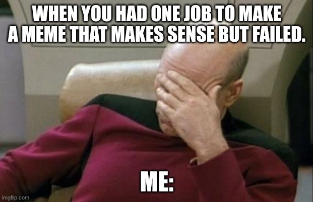 Captain Picard Facepalm Meme | WHEN YOU HAD ONE JOB TO MAKE A MEME THAT MAKES SENSE BUT FAILED. ME: | image tagged in memes,captain picard facepalm | made w/ Imgflip meme maker