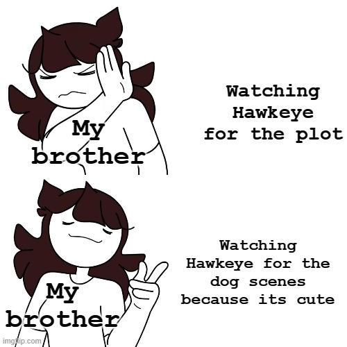 like he literally got disney+ just to watch the dog... | Watching Hawkeye for the plot; My brother; Watching Hawkeye for the dog scenes because its cute; My brother | image tagged in jaiden drake format | made w/ Imgflip meme maker