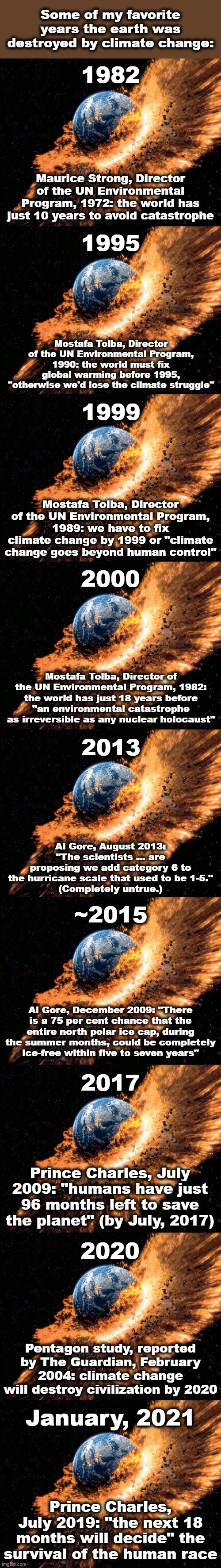 Some of my favorite years the earth was destroyed by climate change:; 1982; Maurice Strong, Director of the UN Environmental Program, 1972: the world has just 10 years to avoid catastrophe; 1995; Mostafa Tolba, Director of the UN Environmental Program, 1990: the world must fix global warming before 1995, "otherwise we'd lose the climate struggle"; 1999; Mostafa Tolba, Director of the UN Environmental Program, 1989: we have to fix climate change by 1999 or "climate change goes beyond human control"; 2000; Mostafa Tolba, Director of the UN Environmental Program, 1982: the world has just 18 years before "an environmental catastrophe as irreversible as any nuclear holocaust"; 2013; Al Gore, August 2013: "The scientists ... are proposing we add category 6 to the hurricane scale that used to be 1-5."
(Completely untrue.); ~2015; Al Gore, December 2009: "There is a 75 per cent chance that the entire north polar ice cap, during the summer months, could be completely ice-free within five to seven years"; 2017; Prince Charles, July 2009: "humans have just 96 months left to save the planet" (by July, 2017); 2020; Pentagon study, reported by The Guardian, February 2004: climate change will destroy civilization by 2020; January, 2021; Prince Charles, July 2019: "the next 18 months will decide" the survival of the human race | image tagged in memes,climate change,global warming,destruction of earth,favorite years,hysteria | made w/ Imgflip meme maker