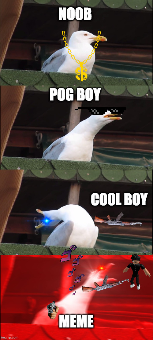 oh no | NOOB; POG BOY; COOL BOY; MEME | image tagged in memes,inhaling seagull | made w/ Imgflip meme maker