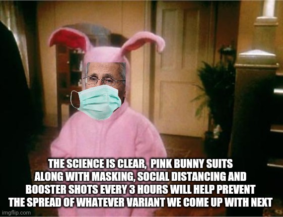 Christmas Story | THE SCIENCE IS CLEAR,  PINK BUNNY SUITS ALONG WITH MASKING, SOCIAL DISTANCING AND BOOSTER SHOTS EVERY 3 HOURS WILL HELP PREVENT THE SPREAD O | image tagged in christmas story | made w/ Imgflip meme maker