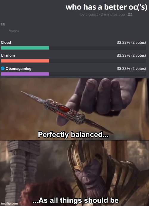 image tagged in thanos perfectly balanced as all things should be | made w/ Imgflip meme maker