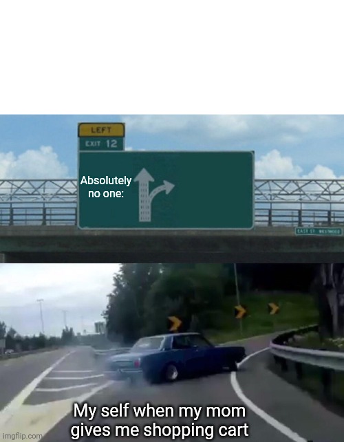 Left Exit 12 Off Ramp Meme | Absolutely no one:; My self when my mom gives me shopping cart | image tagged in memes,left exit 12 off ramp | made w/ Imgflip meme maker