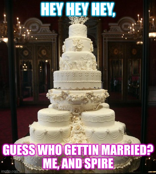 Wedding in comments(best I could do) | HEY HEY HEY, GUESS WHO GETTIN MARRIED?

ME, AND SPIRE | image tagged in wedding cake | made w/ Imgflip meme maker