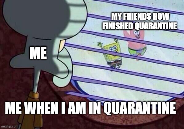 Squidward window | MY FRIENDS HOW FINISHED QUARANTINE; ME; ME WHEN I AM IN QUARANTINE | image tagged in squidward window | made w/ Imgflip meme maker