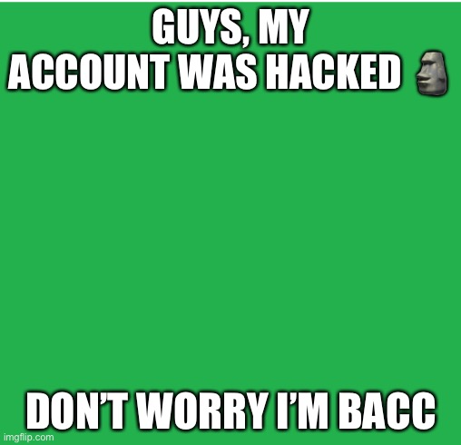 Green Screen | GUYS, MY ACCOUNT WAS HACKED 🗿; DON’T WORRY I’M BACC | image tagged in green screen | made w/ Imgflip meme maker