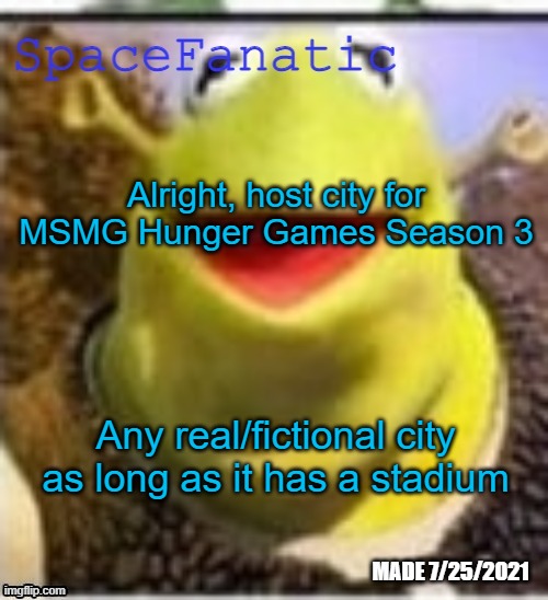 Ye Olde Announcements | Alright, host city for MSMG Hunger Games Season 3; Any real/fictional city as long as it has a stadium | image tagged in spacefanatic announcement temp | made w/ Imgflip meme maker
