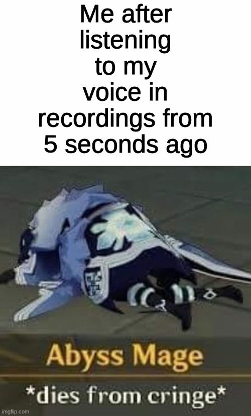 relatable? | Me after listening to my voice in recordings from 5 seconds ago | image tagged in meme,dies from cringe,abyss mage from genshin impact aka my favorite game | made w/ Imgflip meme maker
