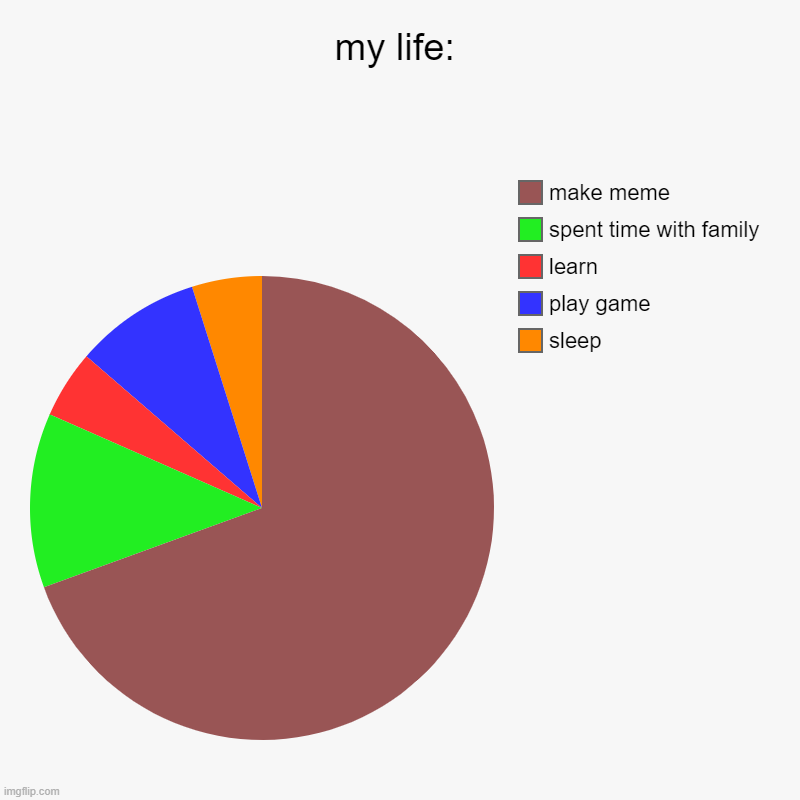 my life: | sleep, play game, learn, spent time with family, make meme | image tagged in charts,pie charts | made w/ Imgflip chart maker