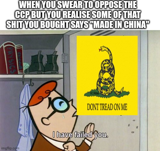 I have failed you | WHEN YOU SWEAR TO OPPOSE THE CCP BUT YOU REALISE SOME OF THAT SHIT YOU BOUGHT SAYS "MADE IN CHINA" | image tagged in i have failed you | made w/ Imgflip meme maker