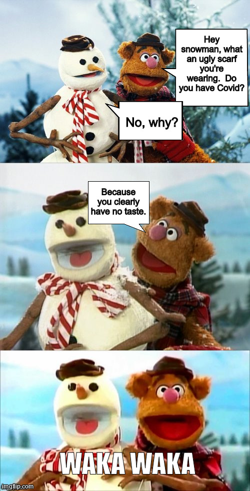 Christmas Puns With Fozzie Bear  | Hey snowman, what an ugly scarf you're wearing.  Do you have Covid? No, why? Because you clearly have no taste. WAKA WAKA | image tagged in christmas puns with fozzie bear | made w/ Imgflip meme maker