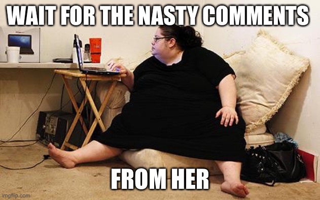 Obese Woman at Computer | WAIT FOR THE NASTY COMMENTS; FROM HER | image tagged in obese woman at computer | made w/ Imgflip meme maker