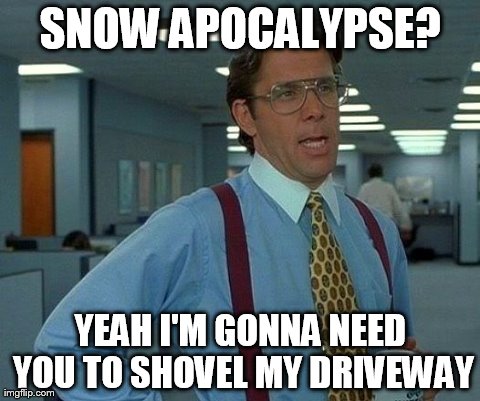 That Would Be Great Meme | SNOW APOCALYPSE? YEAH I'M GONNA NEED YOU TO SHOVEL MY DRIVEWAY | image tagged in memes,that would be great | made w/ Imgflip meme maker