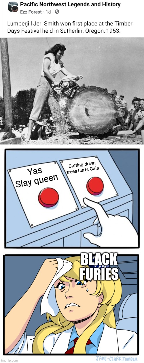 Cutting down trees hurts Gaia; Yas Slay queen; BLACK FURIES | image tagged in memes,two buttons | made w/ Imgflip meme maker