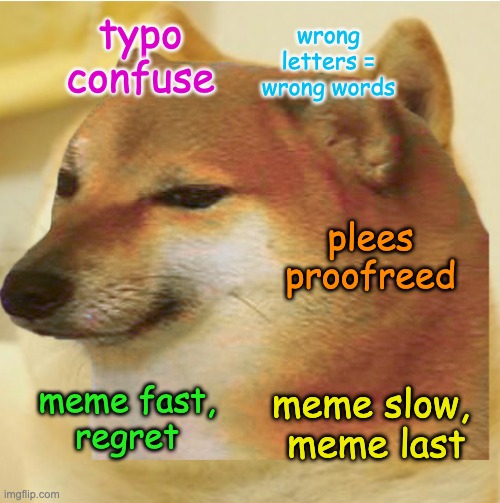 Cheems protest: Iromy? | wrong letters = wrong words; typo confuse; plees proofreed; meme fast,
regret; meme slow, 
meme last | image tagged in cheems doge,mistake,memes,protest | made w/ Imgflip meme maker