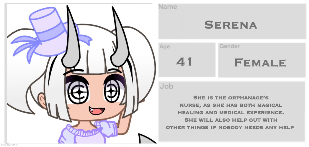 She is younger for the purpose of the orphanage, she is over 300 years old in her cannon | Serena; Female; 41; She is the orphanage’s nurse, as she has both magical healing and medical experience. She will also help out with other things if nobody needs any help | image tagged in orphanage faction | made w/ Imgflip meme maker