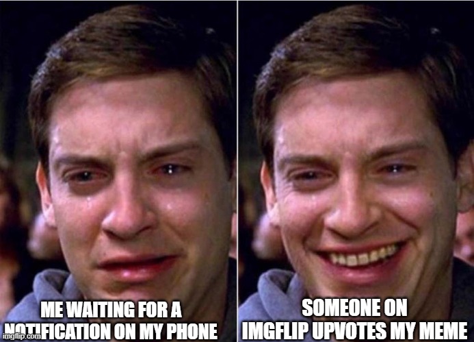 Peter Parker Sad Cry Happy cry | ME WAITING FOR A NOTIFICATION ON MY PHONE; SOMEONE ON IMGFLIP UPVOTES MY MEME | image tagged in peter parker sad cry happy cry | made w/ Imgflip meme maker