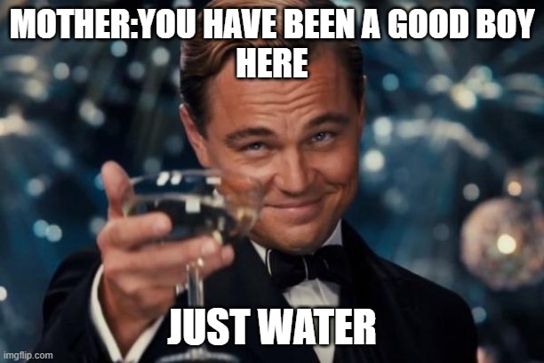 JUST WATER | MOTHER:YOU HAVE BEEN A GOOD BOY
HERE; JUST WATER | image tagged in memes,leonardo dicaprio cheers | made w/ Imgflip meme maker