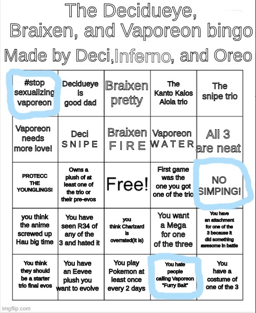 plz dont | Inferno | image tagged in decidueye braixen vaporeon bingo | made w/ Imgflip meme maker