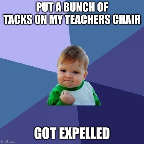 Success Kid | PUT A BUNCH OF TACKS ON MY TEACHERS CHAIR; GOT EXPELLED | image tagged in memes,success kid | made w/ Imgflip meme maker