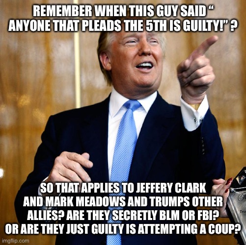 Donal Trump Birthday | REMEMBER WHEN THIS GUY SAID “ ANYONE THAT PLEADS THE 5TH IS GUILTY!” ? SO THAT APPLIES TO JEFFERY CLARK AND MARK MEADOWS AND TRUMPS OTHER ALLIES? ARE THEY SECRETLY BLM OR FBI? OR ARE THEY JUST GUILTY IS ATTEMPTING A COUP? | image tagged in donal trump birthday | made w/ Imgflip meme maker