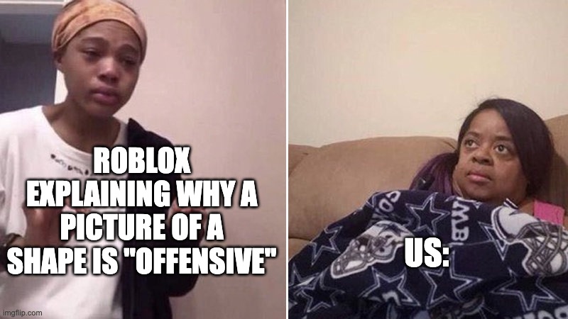 Me explaining to my mom | ROBLOX EXPLAINING WHY A PICTURE OF A SHAPE IS "OFFENSIVE"; US: | image tagged in me explaining to my mom,roblox,roblox moderation,moderation | made w/ Imgflip meme maker