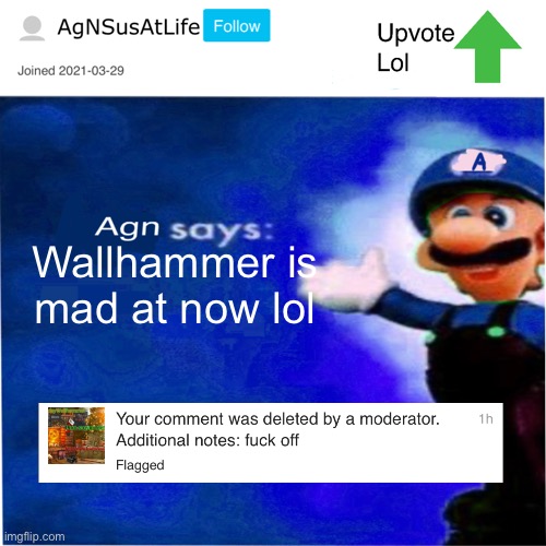Lol | Wallhammer is mad at now lol | image tagged in agn s message | made w/ Imgflip meme maker