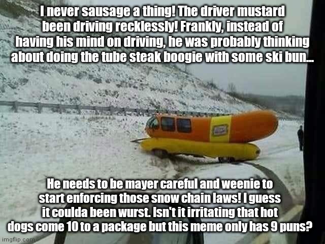 Weenie more punny! | I never sausage a thing! The driver mustard been driving recklessly! Frankly, instead of having his mind on driving, he was probably thinking about doing the tube steak boogie with some ski bun... He needs to be mayer careful and weenie to start enforcing those snow chain laws! I guess it coulda been wurst. Isn't it irritating that hot dogs come 10 to a package but this meme only has 9 puns? | image tagged in funny | made w/ Imgflip meme maker