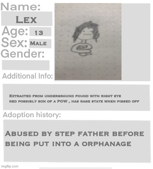 Orphanage faction file | Lex; 13; Male; Extracted from underground found with right eye red possibly son of a POW , has rage state when pissed off; Abused by step father before being put into a orphanage | image tagged in orphanage faction file,orphanage faction | made w/ Imgflip meme maker