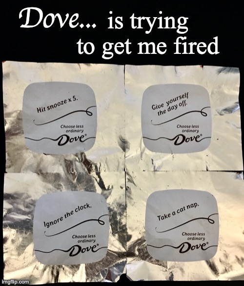 Dove is trying to get me fired | image tagged in dove,fired,time off | made w/ Imgflip meme maker