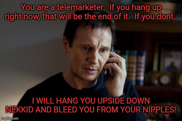 Phone | You are a telemarketer.  If you hang up right now, that will be the end of it.  If you dont, I WILL HANG YOU UPSIDE DOWN NEKKID AND BLEED YOU FROM YOUR NIPPLES! | image tagged in taken,cell not,call not | made w/ Imgflip meme maker