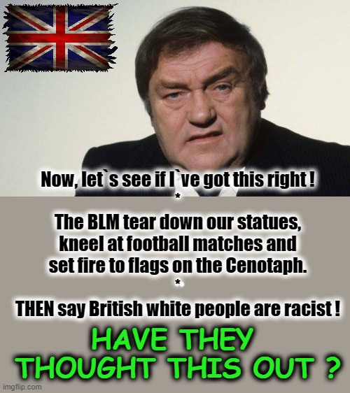 Have THEY thought this out ? | Now, let`s see if I`ve got this right !
*
The BLM tear down our statues,
kneel at football matches and
set fire to flags on the Cenotaph.
*
THEN say British white people are racist ! HAVE THEY
 THOUGHT THIS OUT ? | image tagged in blm | made w/ Imgflip meme maker