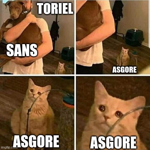 Sad Cat Holding Dog | TORIEL; SANS; ASGORE; ASGORE; ASGORE | image tagged in sad cat holding dog | made w/ Imgflip meme maker