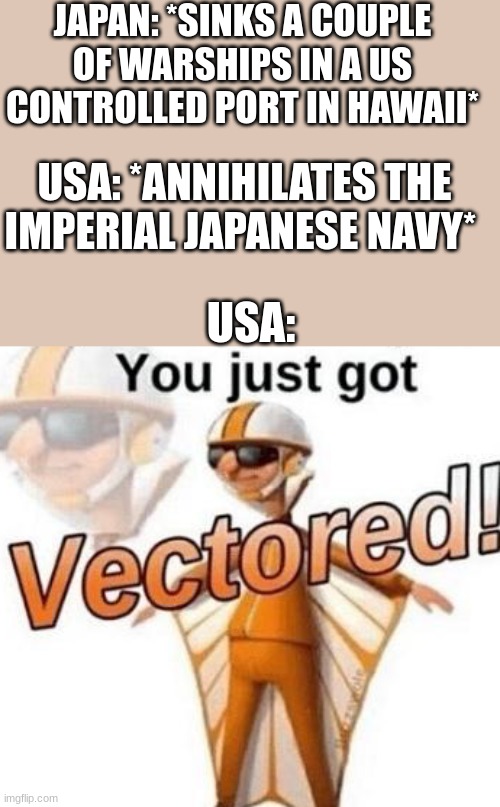 they deserved it am i right? | JAPAN: *SINKS A COUPLE OF WARSHIPS IN A US CONTROLLED PORT IN HAWAII*; USA: *ANNIHILATES THE IMPERIAL JAPANESE NAVY*; USA: | image tagged in you just got vectored | made w/ Imgflip meme maker
